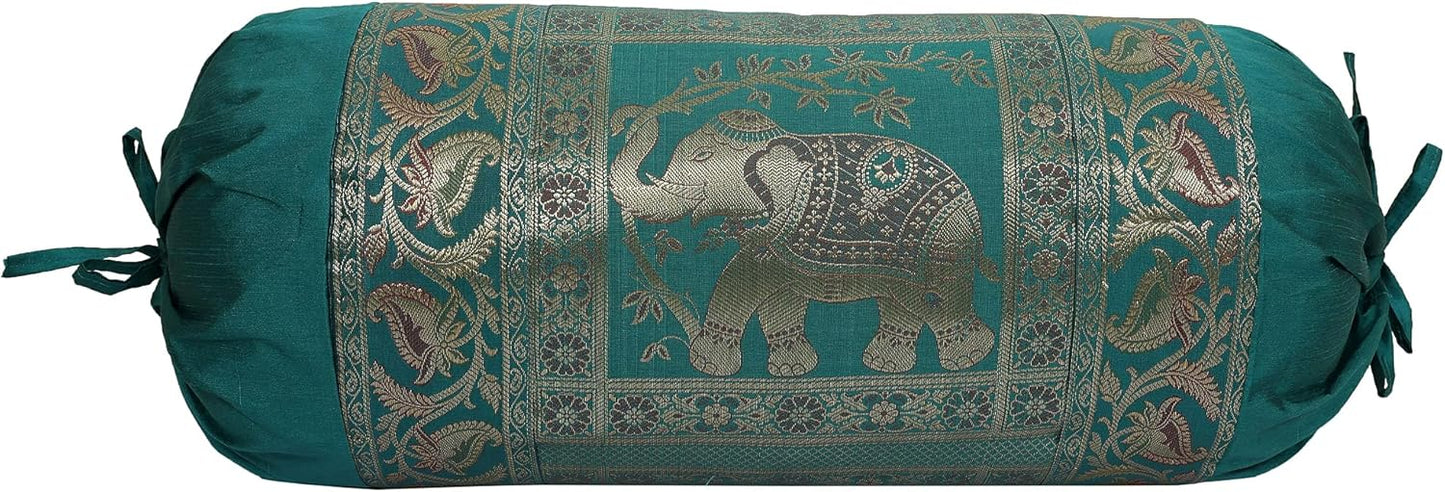 Ethnic Jacquard Brocade Silk Bolster Tube Pillow Covers Elephant Dark Green Yoga Massand Living Room Decorative Cylindrical Hotdog Traditional Throw Pillowcase 76x38 cm - Set of 2 Pcs