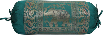 Ethnic Jacquard Brocade Silk Bolster Tube Pillow Covers Elephant Dark Green Yoga Massand Living Room Decorative Cylindrical Hotdog Traditional Throw Pillowcase 76x38 cm - Set of 2 Pcs
