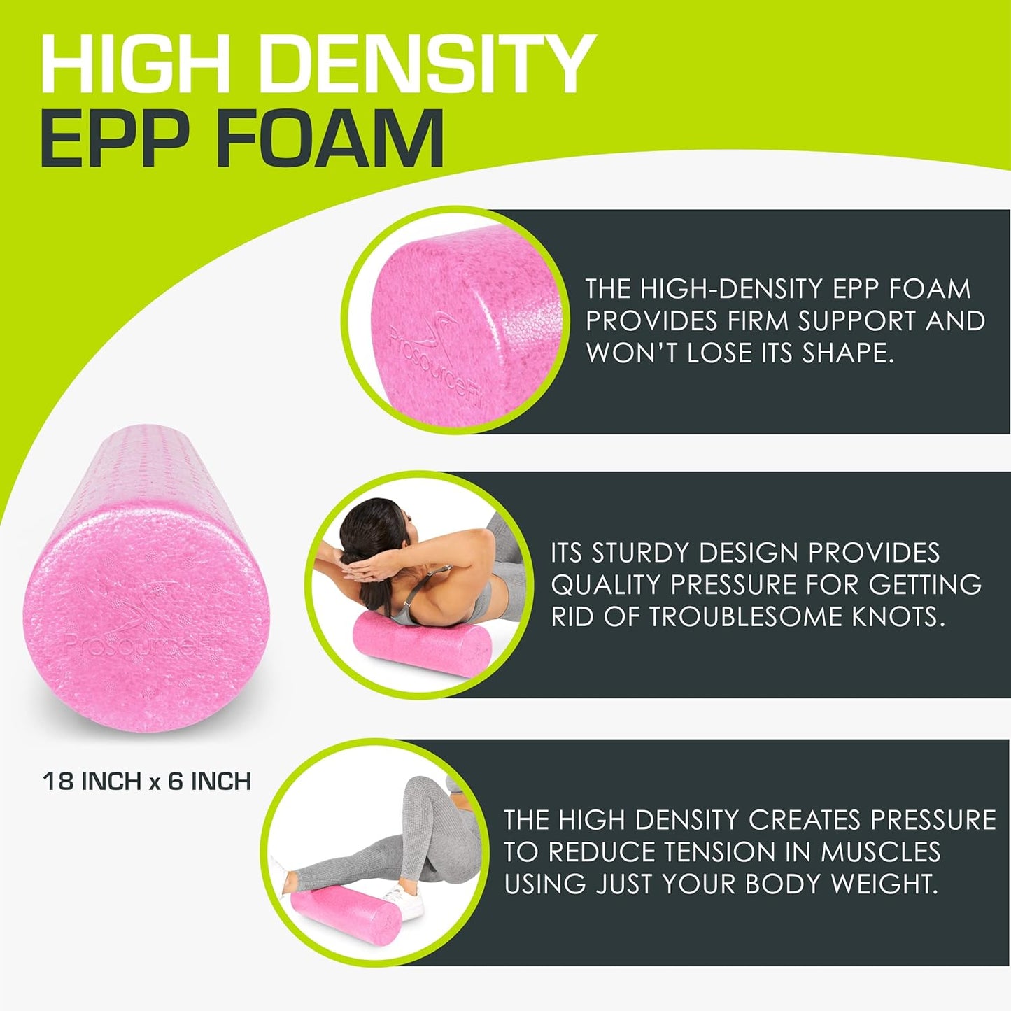 ProsourceFit High Density Foam Rollers 12 - inches long, Firm Full Body Athletic Massage Tool for Back Stretching, Yoga, Pilates, Post Workout Muscle Recuperation, Black