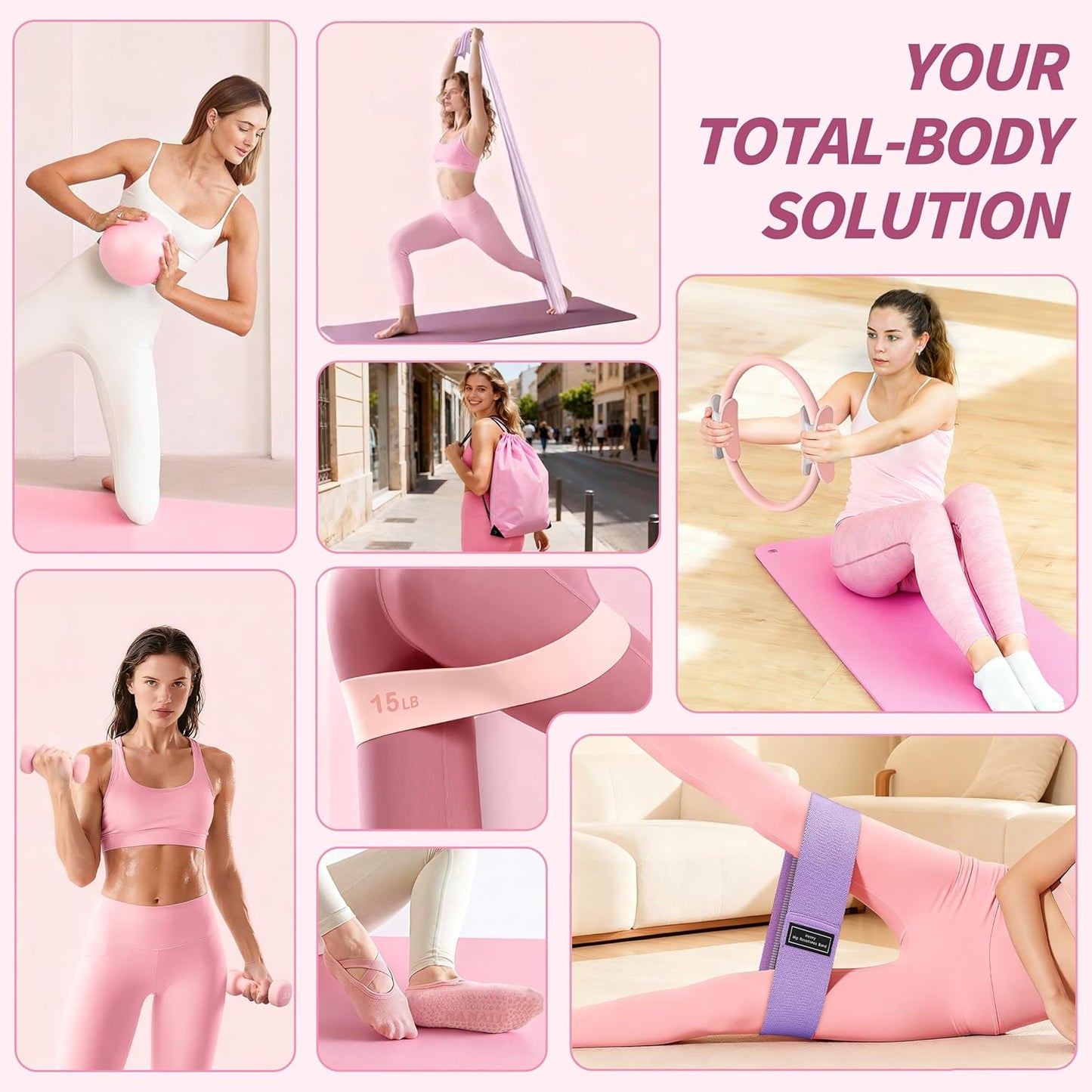 NANATI Pilates Kit, Pilates Essential Kit for Women, Pilates Equipment with 14.5" Pilates Ring and Ball, Resistance Bands,Dumbbells & Grip Socks Accessories, Home Pilates Workout Kit for Starter
