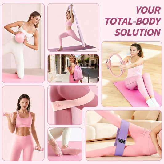 NANATI Pilates Kit, Pilates Essential Kit for Women, Pilates Equipment with 14.5" Pilates Ring and Ball, Resistance Bands,Dumbbells & Grip Socks Accessories, Home Pilates Workout Kit for Starter