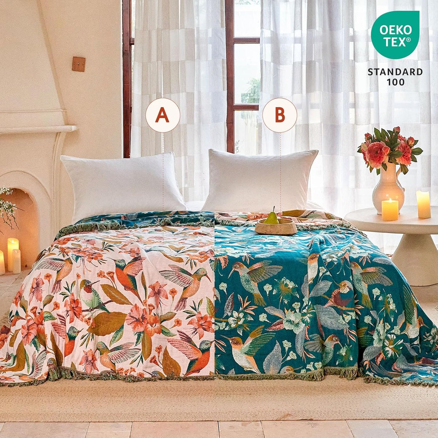 Boho Throw Blanket - 100% Cotton Soft Summer Throw Blanket for Bed, 50"x60" Reversible Breathable Lightweight Blankets, All Seasons Farmhouse Decor Floral Plant Butterfly Throw Quilt