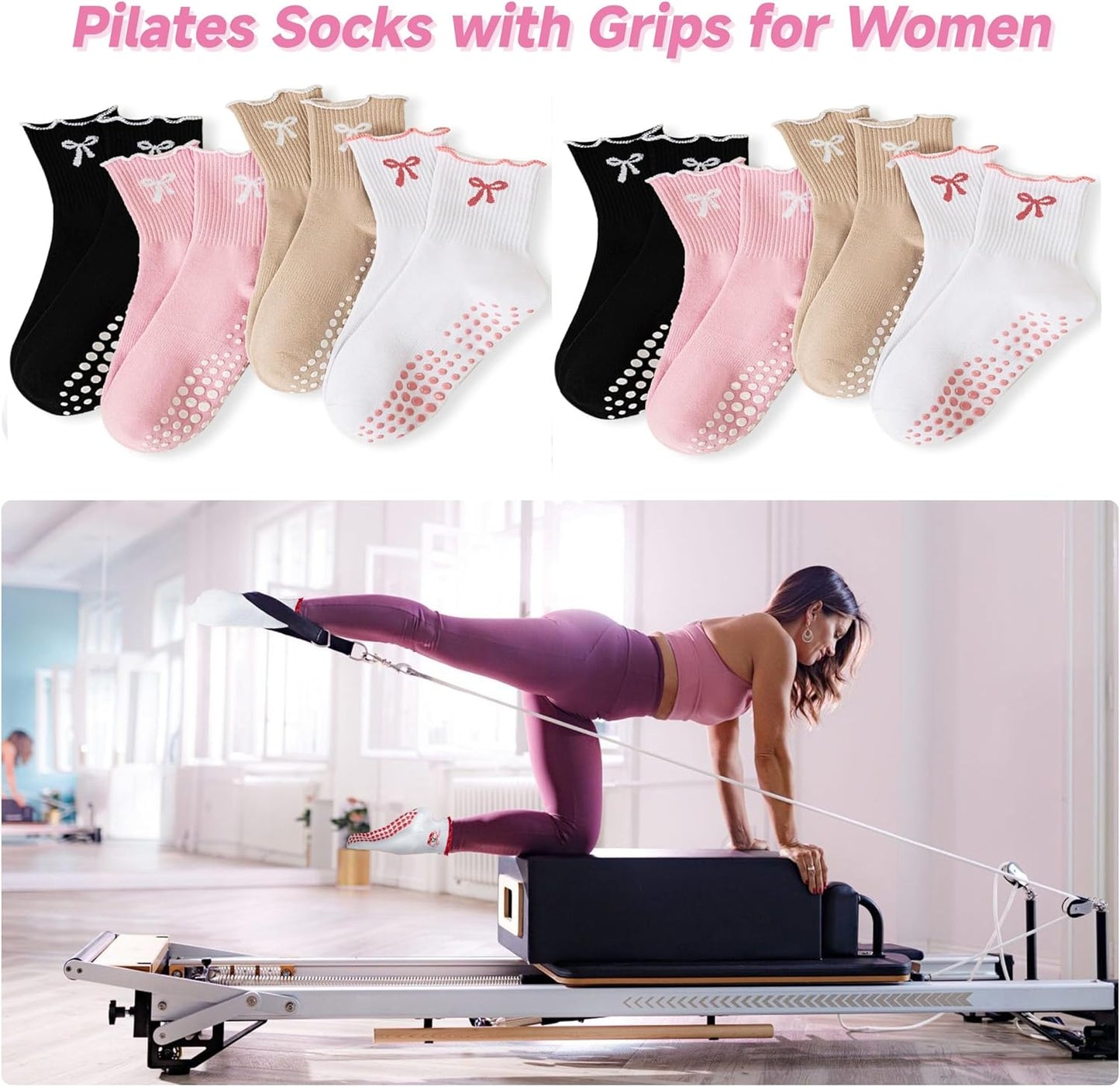 Grip Socks Pilates,4/6Pairs Cotton Cute Pilates Socks for Women, Ruffle Grippy Sock for Yoga Barre Hospital 5-10in