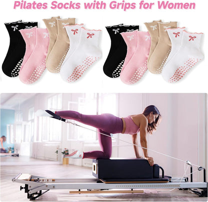 Grip Socks Pilates,4/6Pairs Cotton Cute Pilates Socks for Women, Ruffle Grippy Sock for Yoga Barre Hospital 5-10in