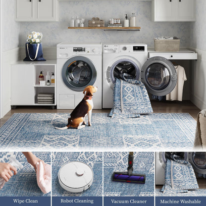 jinchan Area Rug 4x6 Ultra-Thin Washable Vintage Boho Geometric Entryway Rug Non-Slip Non-Shedding Carpet for Living Room Bedroom Blue Ivory
