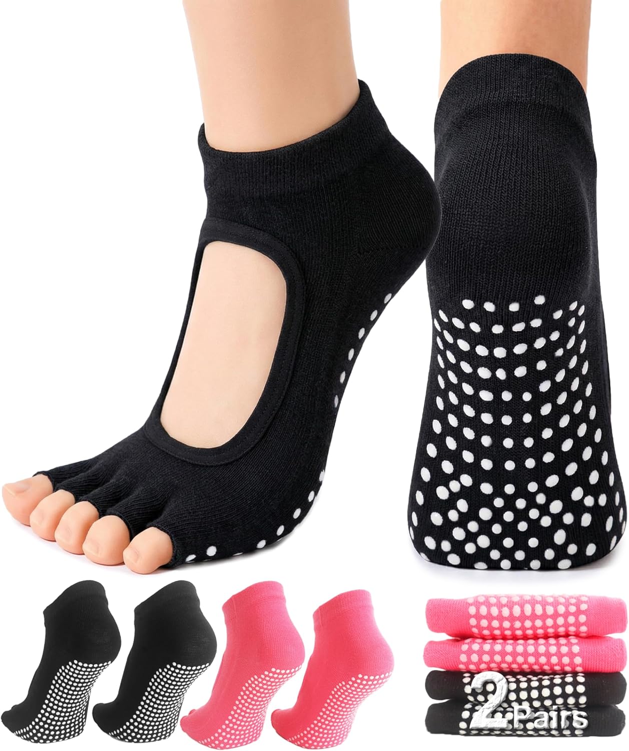 1/2 Pairs Pilates Socks with Grips for Women Non Slip Yoga Barre Grippy Gripper Socks Woman Toe Socks Size 5.5-8.5
