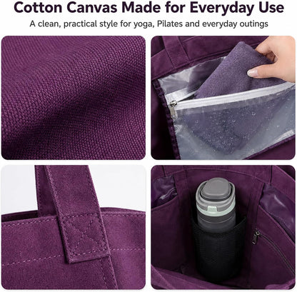 Yoga Mat Bag for Women, 100% Cotton Canvas Tote with Wet/Dry Pocket, Bottle Holder and Inner Zipper Pocket, 25L Carrier for Pilates and Travel