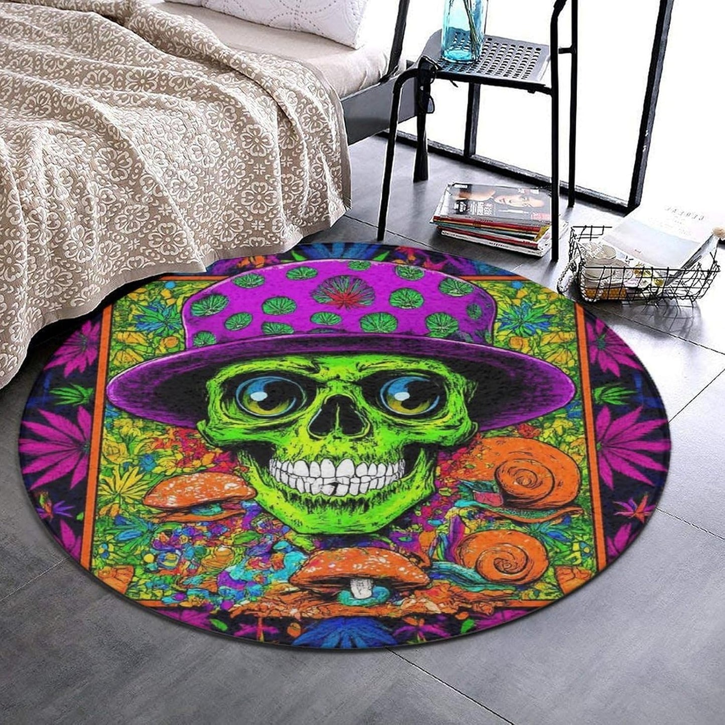 Machine Washable Modern Round Area Rug, Room Sofa Yoga Soft Round Carpet, Home Decor Non Slip Kitchen Office Circle Rug Trippy Rainbow Mushroom Tie Dye Art, 60inch