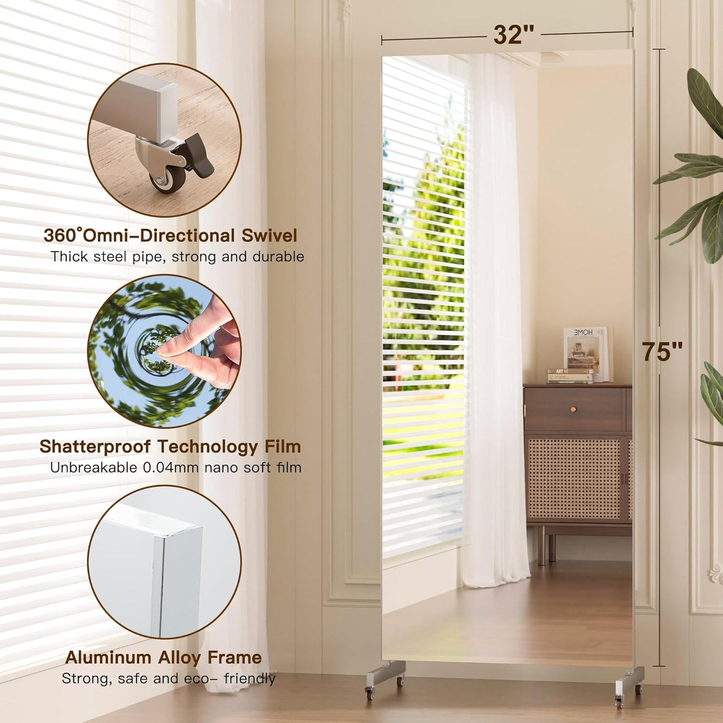 brisafe NanoMirror Non-Glass Ultra-Light Home Gym on Wheels, 75" x 32" Extra Large Full Body Mirror, Unbreakable & Shatterproof, 360° Swivel for Yoga, Dance, Fitness Studio & Home, Black