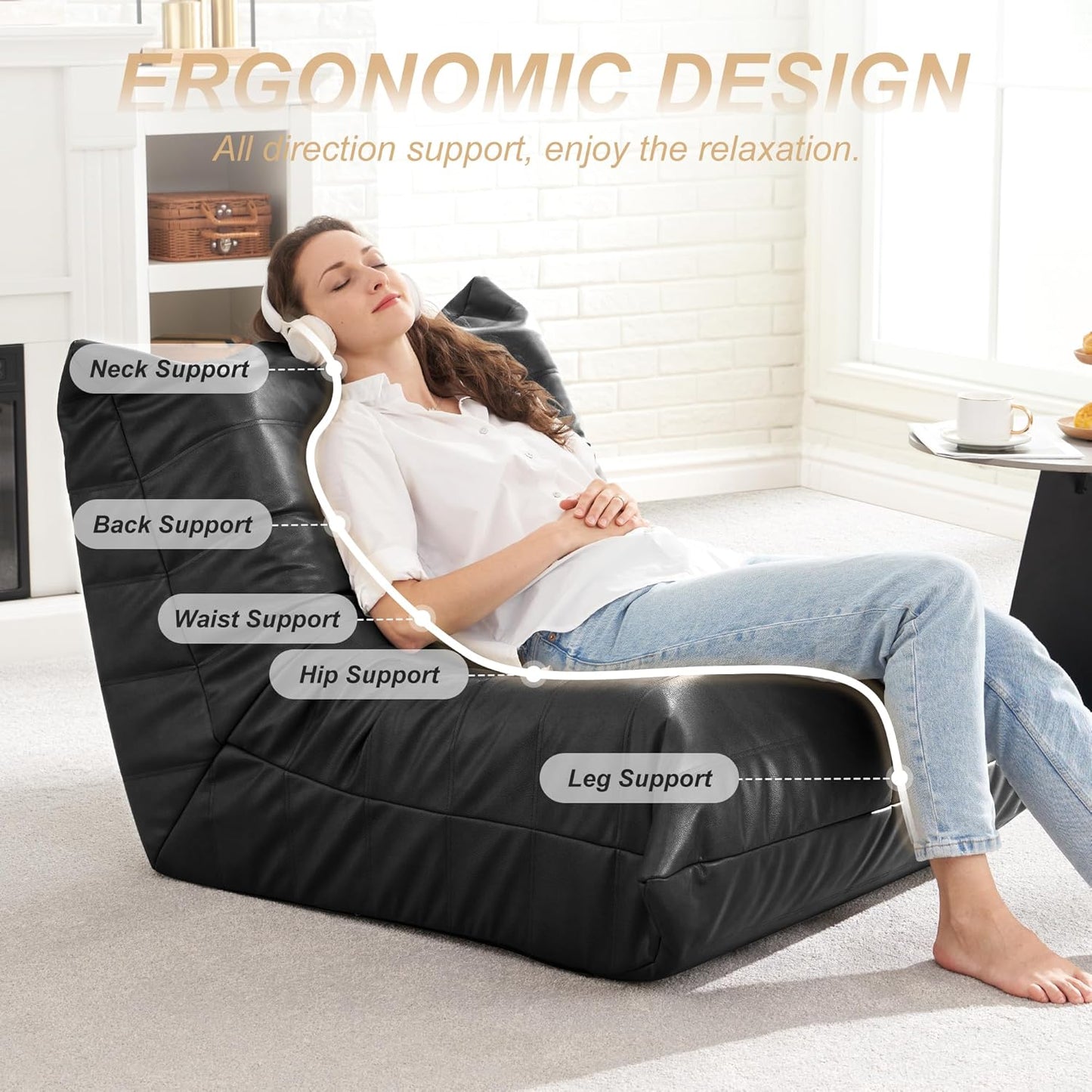 Hobestluk Giant Bean Bag Chair Lazy Floor Sofa, Memory Foam Fireside Sofa for Adults, Big Beanbag Faux Leather Armless Chair for Living Room Bedroom Dorm Office (Brown, Single)