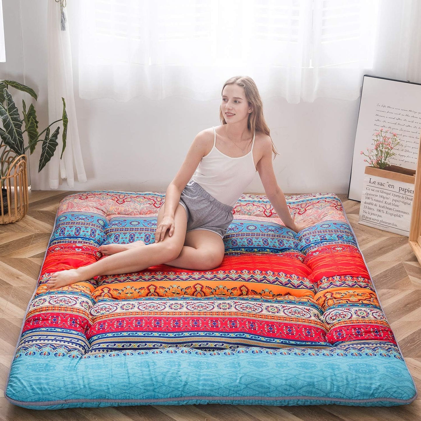 MAXYOYO Bohemian Retro Mattress Boho Floral Japanese Futon Mattress Tatami Floor Mat Foldable Portable Camping, Sleeping Pad, Lounger Couch Bed Full Size