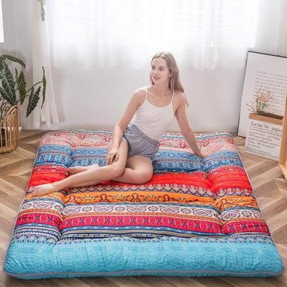 MAXYOYO Bohemian Retro Mattress Boho Floral Japanese Futon Mattress Tatami Floor Mat Foldable Portable Camping, Sleeping Pad, Lounger Couch Bed Full Size