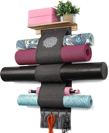 VINAEMO Yoga Mat Holder Accessories Wall Mount Organizer Storage Decor Foam Roller and Towel Storage Rack with 4 Hooks and Wooden Shelves Yoga Mats Rack Resistance Bands for Home Gym School Office