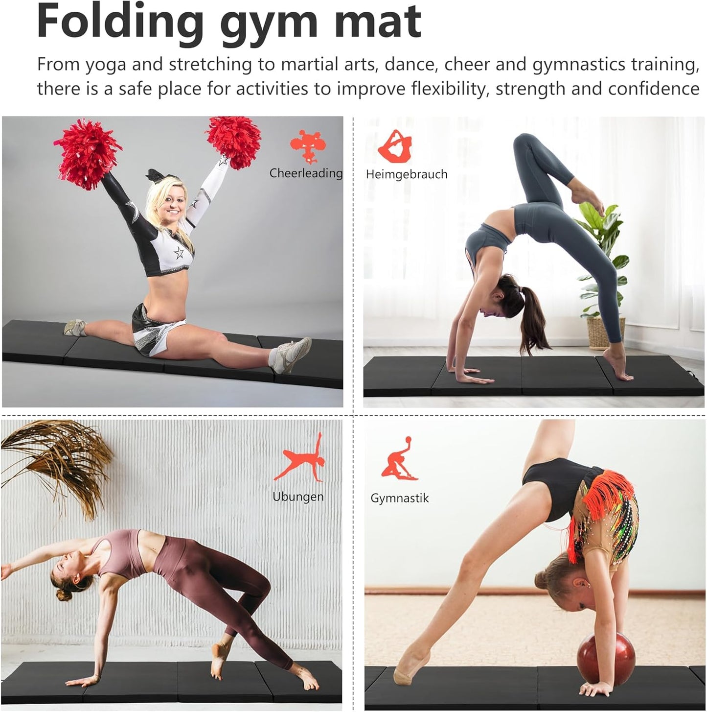 Gymnastics Tumbling Mat Portable Gymnastics Mat Foldable Tumbling Mat 2ft W 6ft L/4ft W 6ft L/4ft W 8ft L/4ft W 10ft Exercise Mat Yoga Mat with Carrying Handles for Yoga Gymnastics