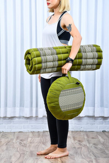 Leewadee Meditation Cushion Set – 1 Round Zafu Meditation Pillow and 1 Square Roll-Up Zabuton Meditation Mat, Pillows Bundle Filled with Kapok
