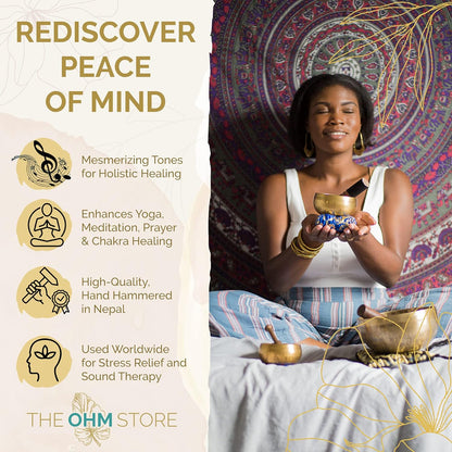 Tibetan Singing Bowl Set by Ohm Store — Hand Hammered Lingam Meditation Sound Bowl — Yoga, Chakra Balancing, Mindfulness, Stress and Anxiety Relief