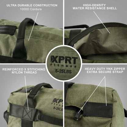 XPRT Fitness Workout Sandbag for Heavy Duty Workout Cross Training 7 Multi-positional Handles - Color Army Green/Black/Camo