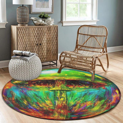 Machine Washable Modern Round Area Rug, Room Sofa Yoga Soft Round Carpet, Home Decor Non Slip Kitchen Office Circle Rug Trippy Rainbow Mushroom Tie Dye Art, 60inch
