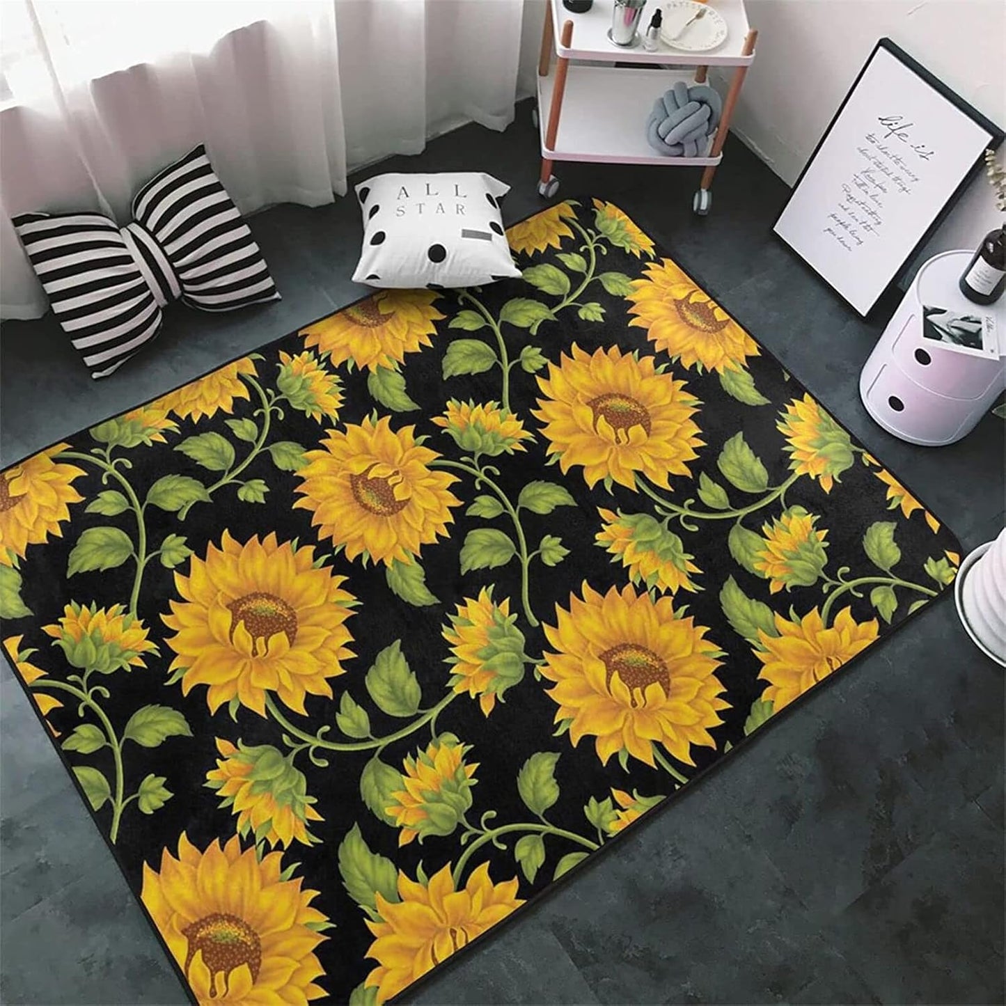You are My Sunshine Sunflower Area Rug 6x8ft Beautiful Bee Butterfly Rug Indoor Low Pile Non-Shedding Carpet for Contemporary Retro Living Room Bedroom Yoga Mat Washable Non-Slip Rugs