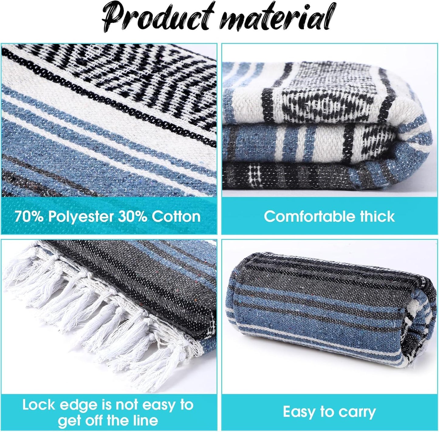 Oudain Mexican Blanket Woven Authentic Cotton Falsa Throw 45 x 70 Inch – Authentic Baja Serape Saddle Blanket Outdoor for Restorative Yoga, Beach, Picnic, Couch, Car Travel(Coastal Calm)