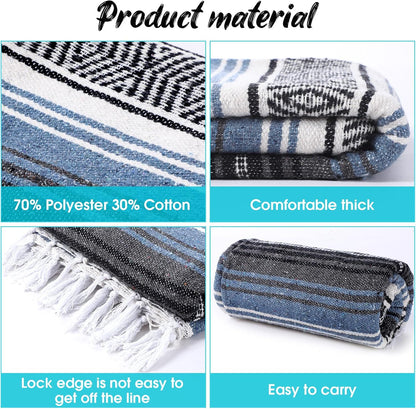 Oudain Mexican Blanket Woven Authentic Cotton Falsa Throw 45 x 70 Inch – Authentic Baja Serape Saddle Blanket Outdoor for Restorative Yoga, Beach, Picnic, Couch, Car Travel(Coastal Calm)