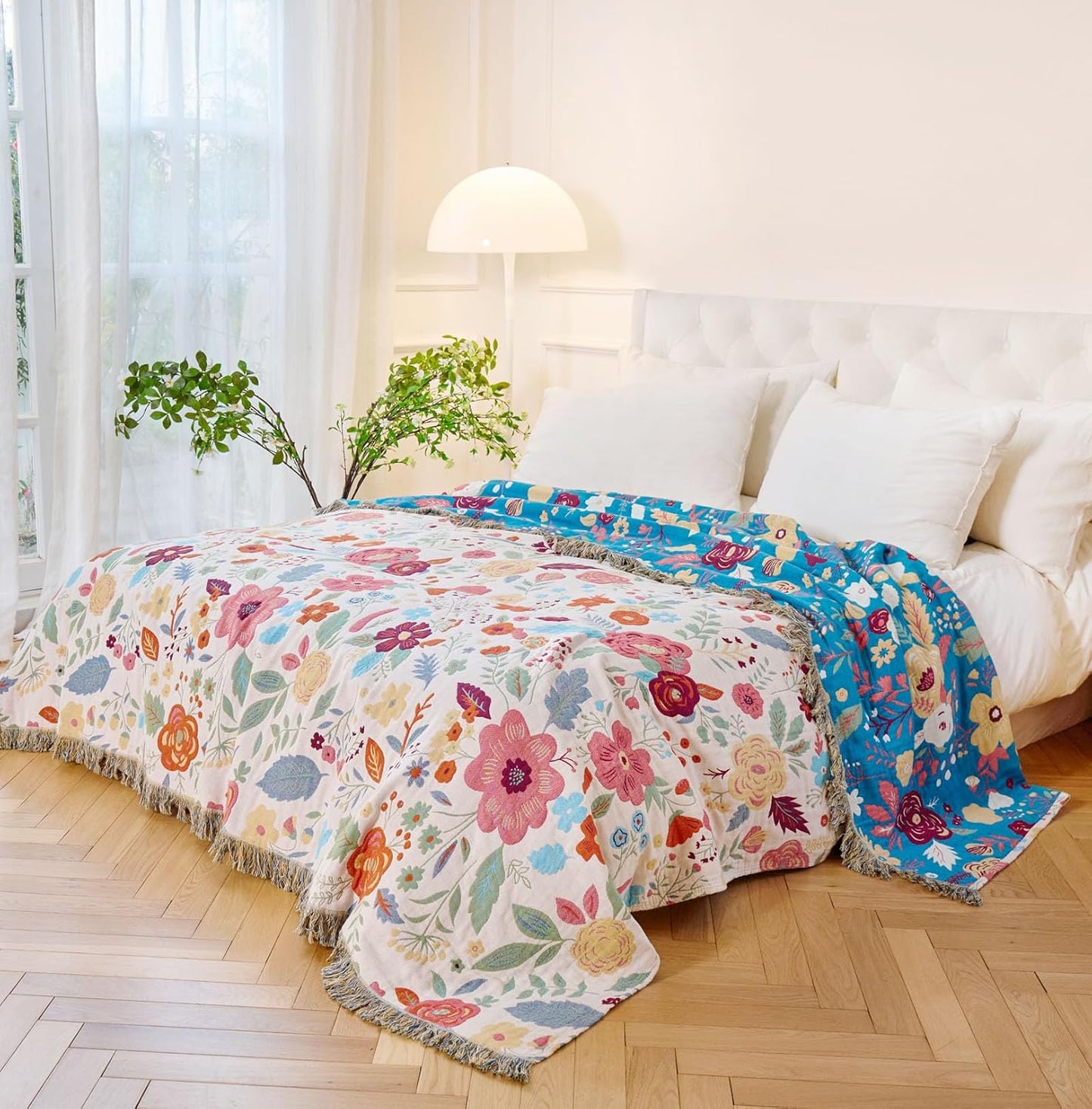 Boho Throw Blanket - 100% Cotton Soft Summer Throw Blanket for Bed, 50"x60" Reversible Breathable Lightweight Blankets, All Seasons Farmhouse Decor Floral Plant Butterfly Throw Quilt