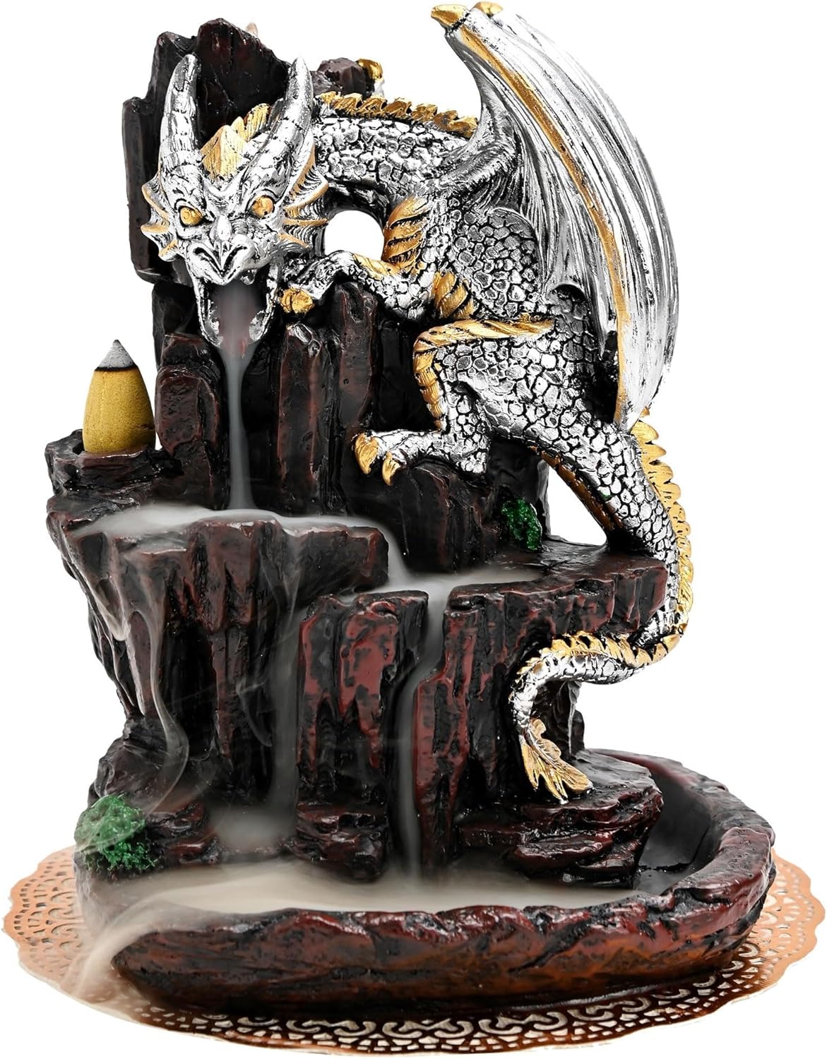 Dragon Backflow 2 Sided Mountain Waterfall Incense Burner,Fountain Smoke Incense Holder with Backflow Incense Cones, Tweezers, Mat，Resin Aromatherapy Meditation (Green)