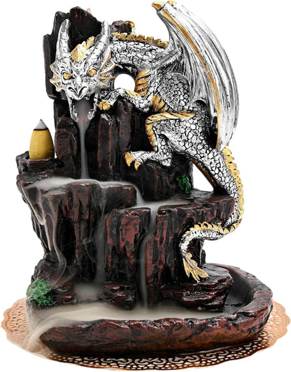 Dragon Backflow 2 Sided Mountain Waterfall Incense Burner,Fountain Smoke Incense Holder with Backflow Incense Cones, Tweezers, Mat，Resin Aromatherapy Meditation (Green)