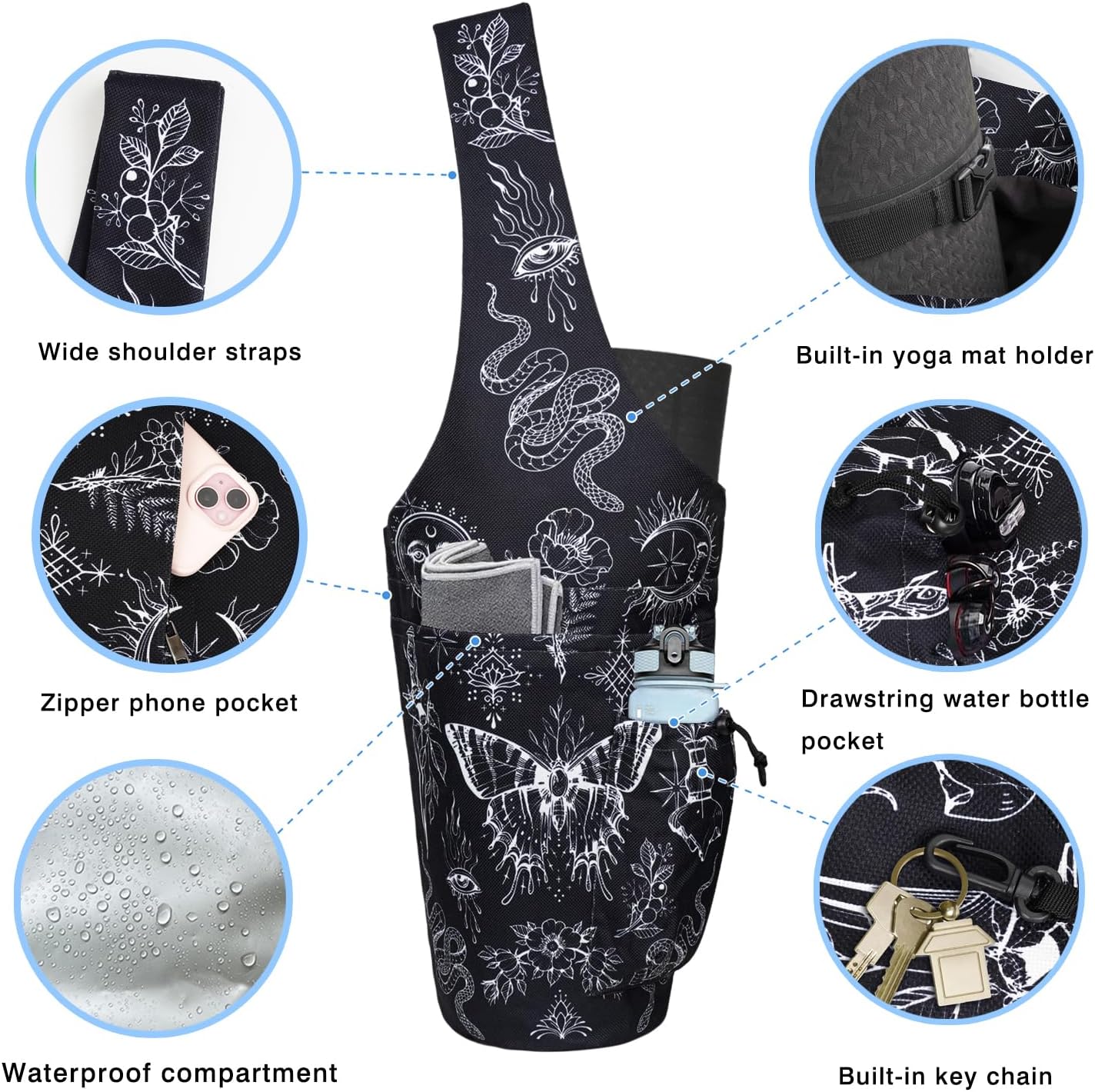 Yoga Mat Bag - Large Opening Long Tote Yoga Mat Carrier Holder Bag with Waterproof Wet Zipper Pocket and Drawstring Water Bottle Pocket - Yoga Bag Fit Most Size Mats