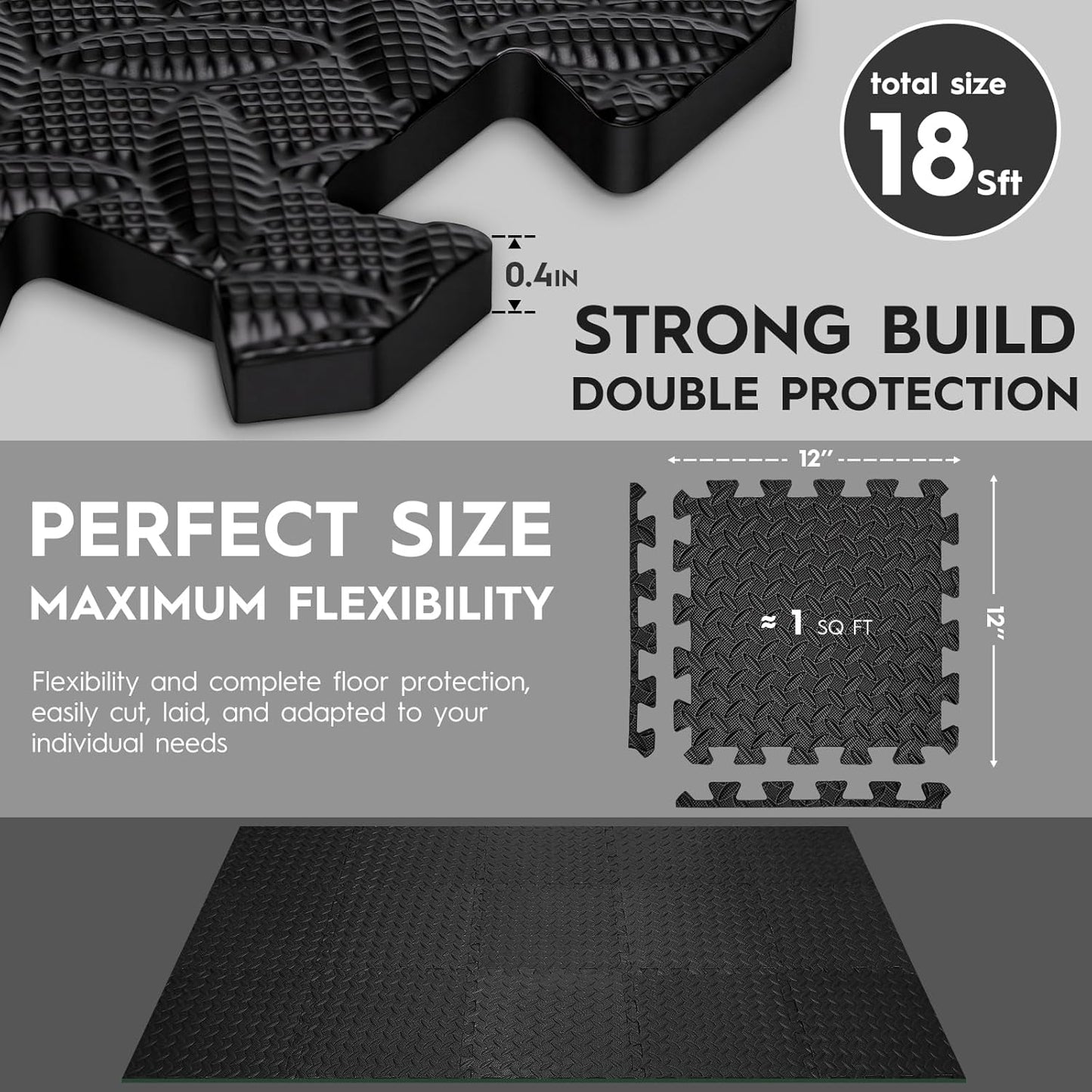 18 Tiles Puzzle Exercise Mat, 12.6" x 12.6" x 0.4", 18 Sq Ft EVA Interlocking Foam Floor Tiles, Non-Slip, Protective, Water-Resistant Flooring for Home Gym & Workout Equipment