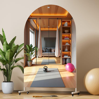 Hasipu 71" x 28" Arched Rolling Home Gym Mirror with Wheels, 360° Swivel Body Mirror with HD Tempered Glass, Large Floor Mirror for Yoga Room, Dance Studio, Bedroom & Home Gym