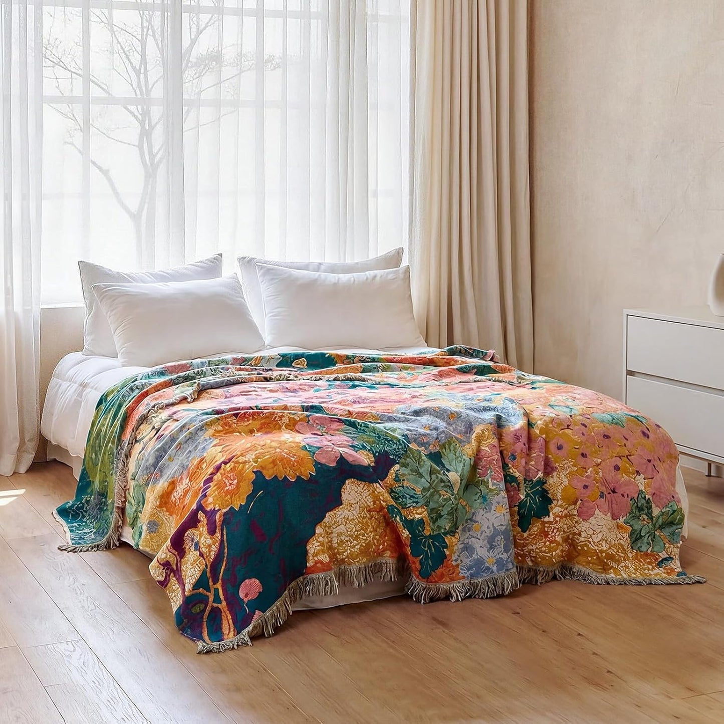 Boho Throw Blanket - 100% Cotton Soft Summer Throw Blanket for Bed, 50"x60" Reversible Breathable Lightweight Blankets, All Seasons Farmhouse Decor Floral Plant Butterfly Throw Quilt