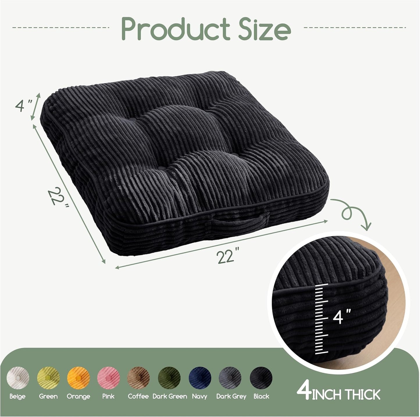 HIGOGOGO Floor Pillow Cushion for Adults, Meditation Cushion Pillow, Large Square Floor Sitting, Tufted Corduroy Cover, for Tatami Living Room or Yoga, 22x22 Inch, Dark Grey
