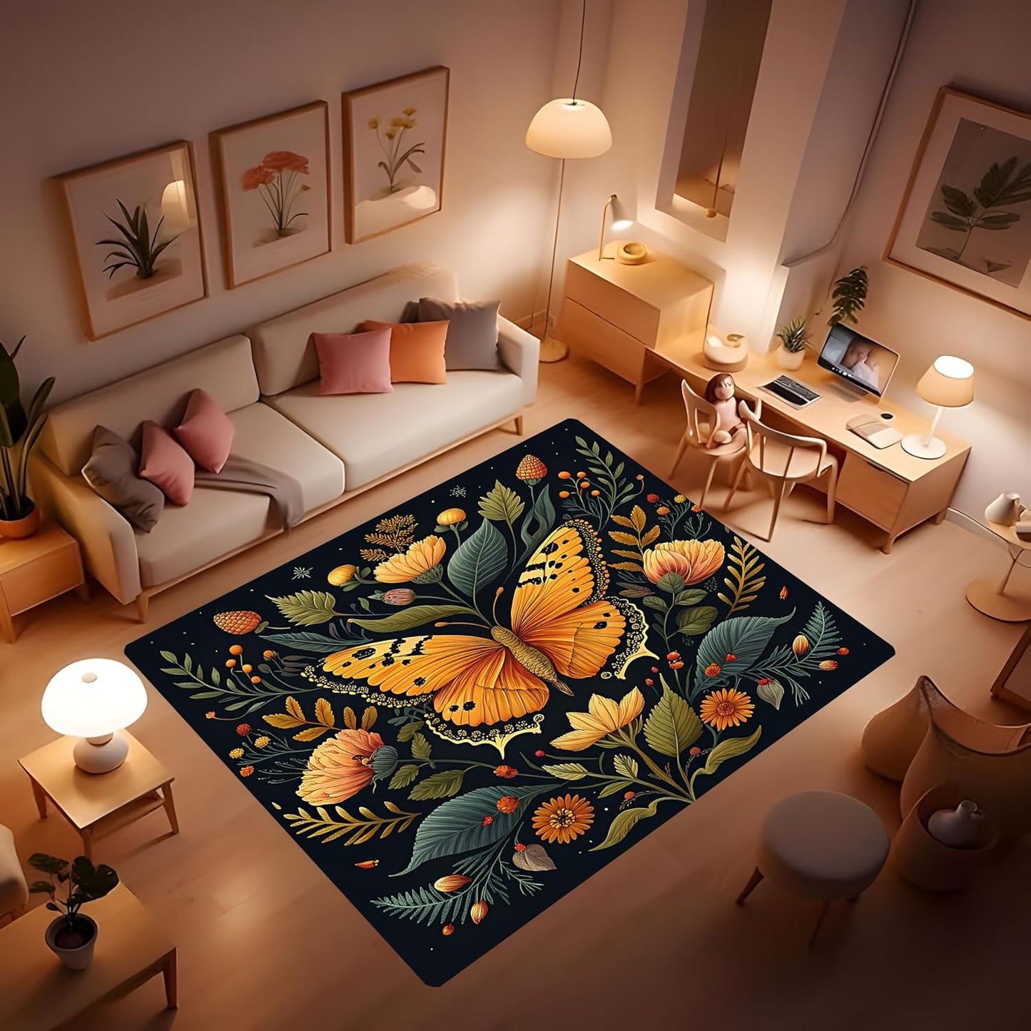 Butterfly Carpet Area Rug - Lovely Butterflies Printed Carpets for Kids Butterfly Theme Living Room Indoor Bedroom Decor Soft Polyester Yoga Mat 2'x3'