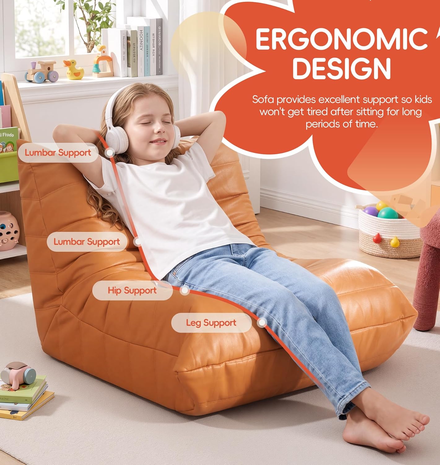 Hobestluk Giant Bean Bag Chair Lazy Floor Sofa, Memory Foam Fireside Sofa for Adults, Big Beanbag Faux Leather Armless Chair for Living Room Bedroom Dorm Office (Brown, Single)