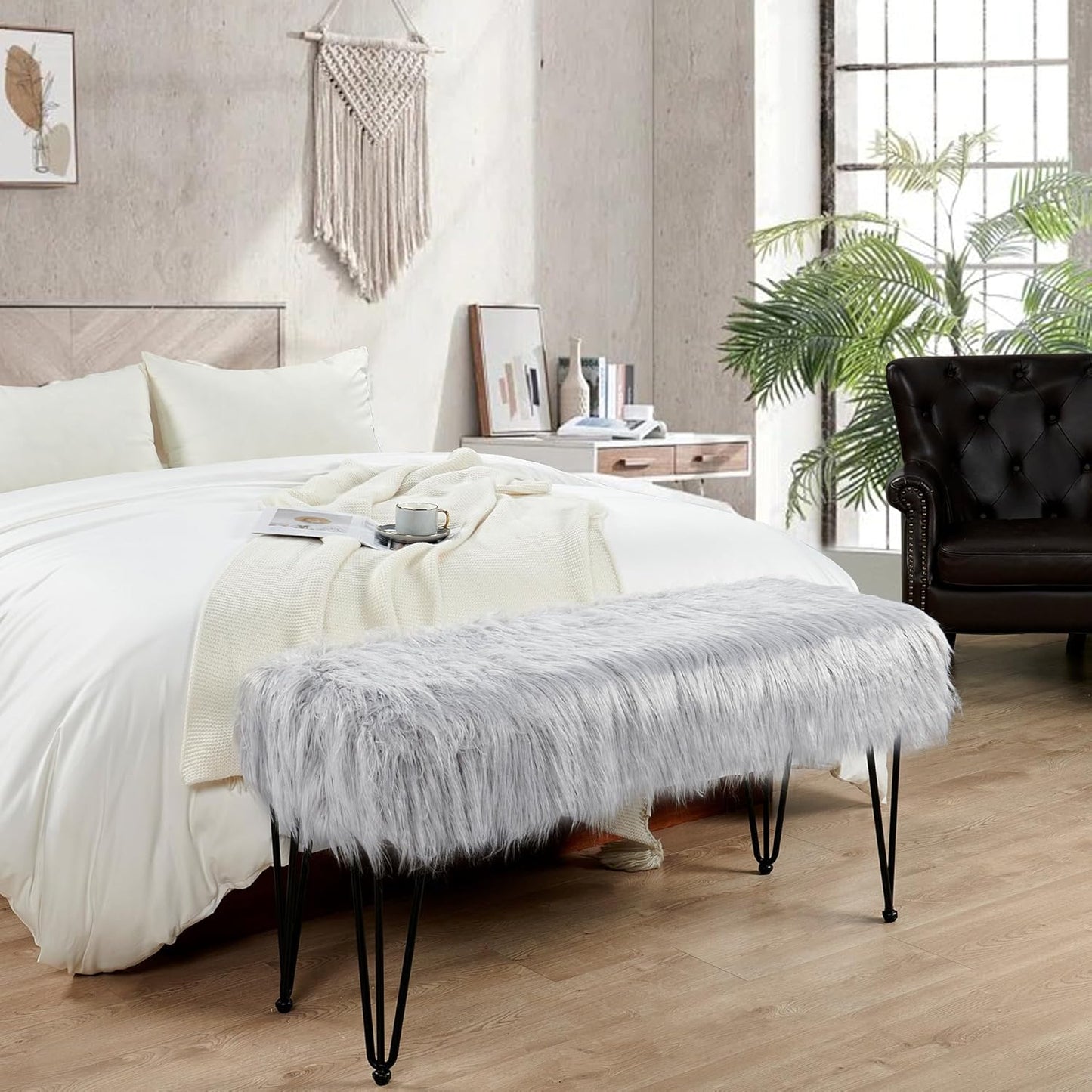 Home Soft Things Green Mongolian Faux Fur Ottoman, Desert Sage, 19'' x 13'' x 17'', Cozy Plush Fluffy Ottoman Foot Rest Stool for Living Room Bedroom Entryway Makeup Bench End of Bed Home Décor