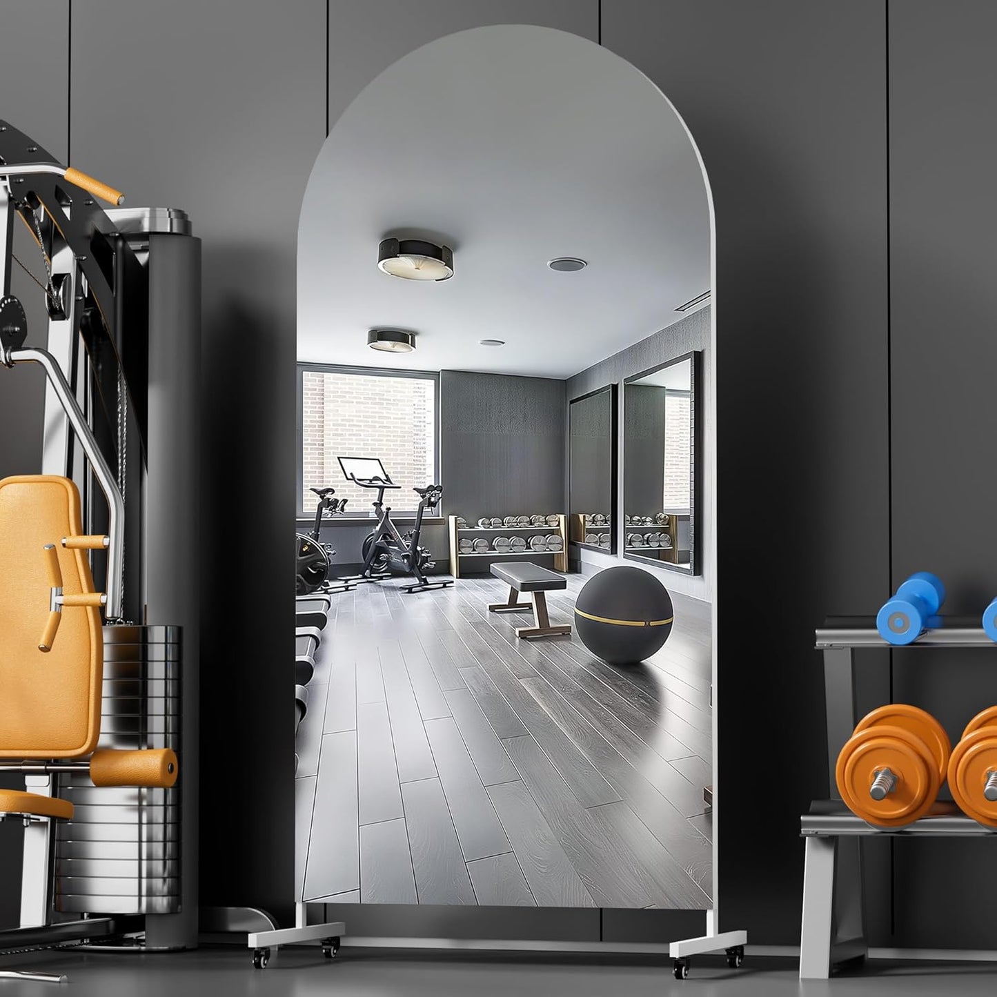 Hasipu 71" x 28" Arched Rolling Home Gym Mirror with Wheels, 360° Swivel Body Mirror with HD Tempered Glass, Large Floor Mirror for Yoga Room, Dance Studio, Bedroom & Home Gym