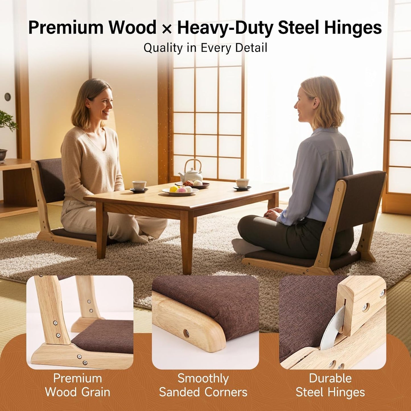 Tiita 2Pcs Floor Games Chair, Foldable Meditation Tatami Chairs, Backrest Chair with Cushion, Living Room Chair Seat, Wood Grey