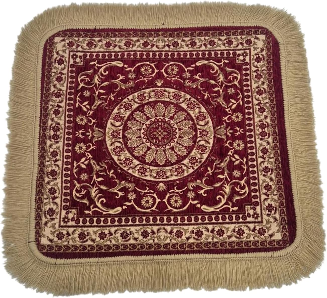 Soft Chenille Prayer Mat | Traditional Mandala Floral Pooja Aasan with Golden Fringes | Multipurpose Square Rug for Meditation, Yoga, Puja Room & Home (Red, 2x2 Feet)