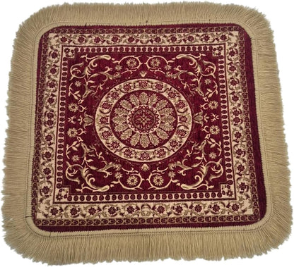 Soft Chenille Prayer Mat | Traditional Mandala Floral Pooja Aasan with Golden Fringes | Multipurpose Square Rug for Meditation, Yoga, Puja Room & Home (Red, 2x2 Feet)