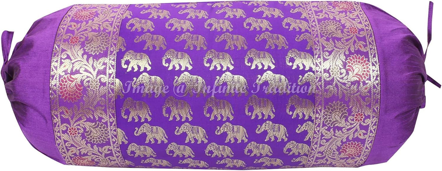 Indian Jacquard Brocade Silk Bolster Tube Pillow Cover Yoga Cylindrical Purple Couch Round Cushion Cover Boho Home Décor Living Room Small Elephant Throw Cushion Cover 30x15 inch (76x38cm) - 1 Pc.