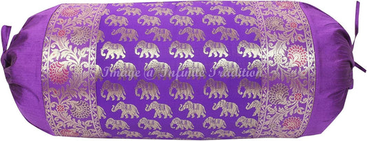 Indian Jacquard Brocade Silk Bolster Tube Pillow Cover Yoga Cylindrical Purple Couch Round Cushion Cover Boho Home Décor Living Room Small Elephant Throw Cushion Cover 30x15 inch (76x38cm) - 1 Pc.