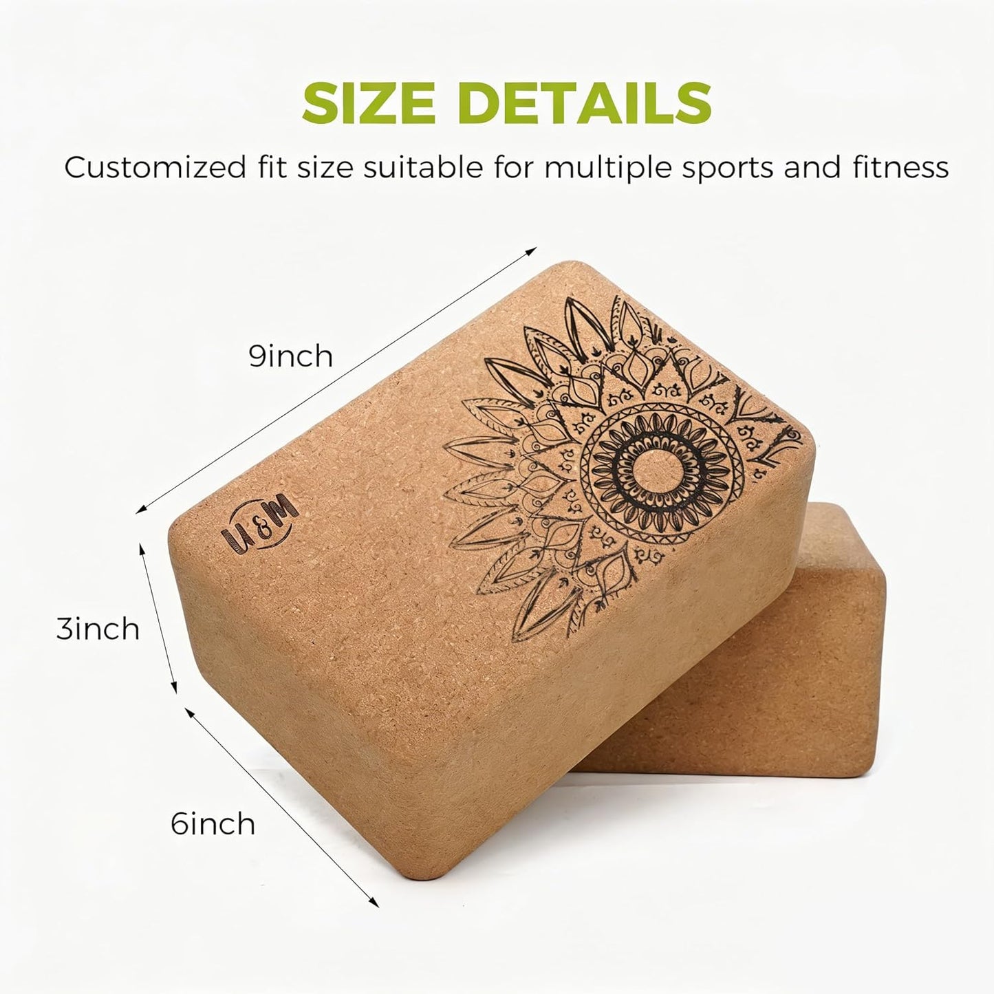 U&M Cork Yoga Blocks 2 Pack Set,Natural Cork High Density 9"x6"x3" Yoga Blocks Odor-Resistant Non-Slip for Yoga, General Fitness, Pilates, Stretching and Toning (sunflower, 9'x6'x3')