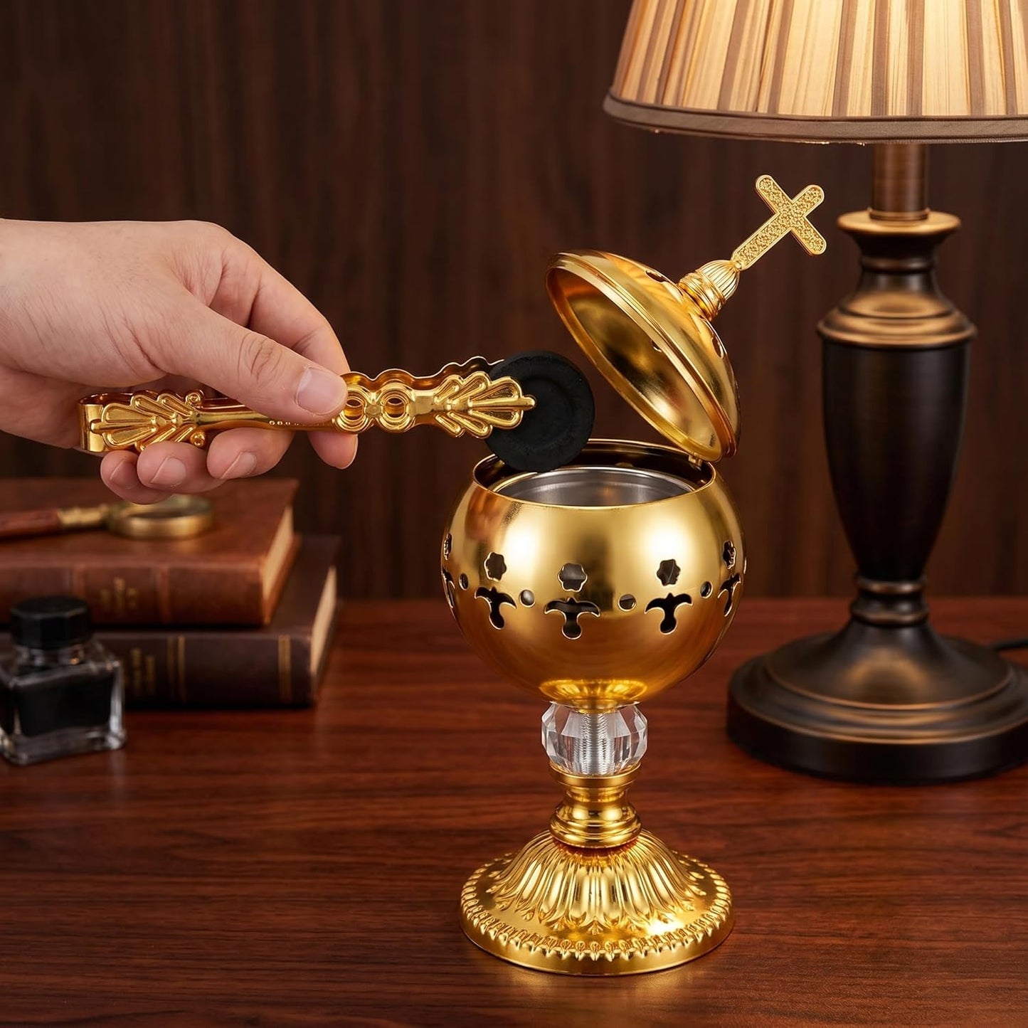 TOPZEA Catholic Incense Burner with Tong, Gold Metal Bakhoor Frankincense Resin Burner, Brass Plated Charcoal Incense Censer Stand with Cross for Christian Church, Home, Yoga, Spa Aromatherapy