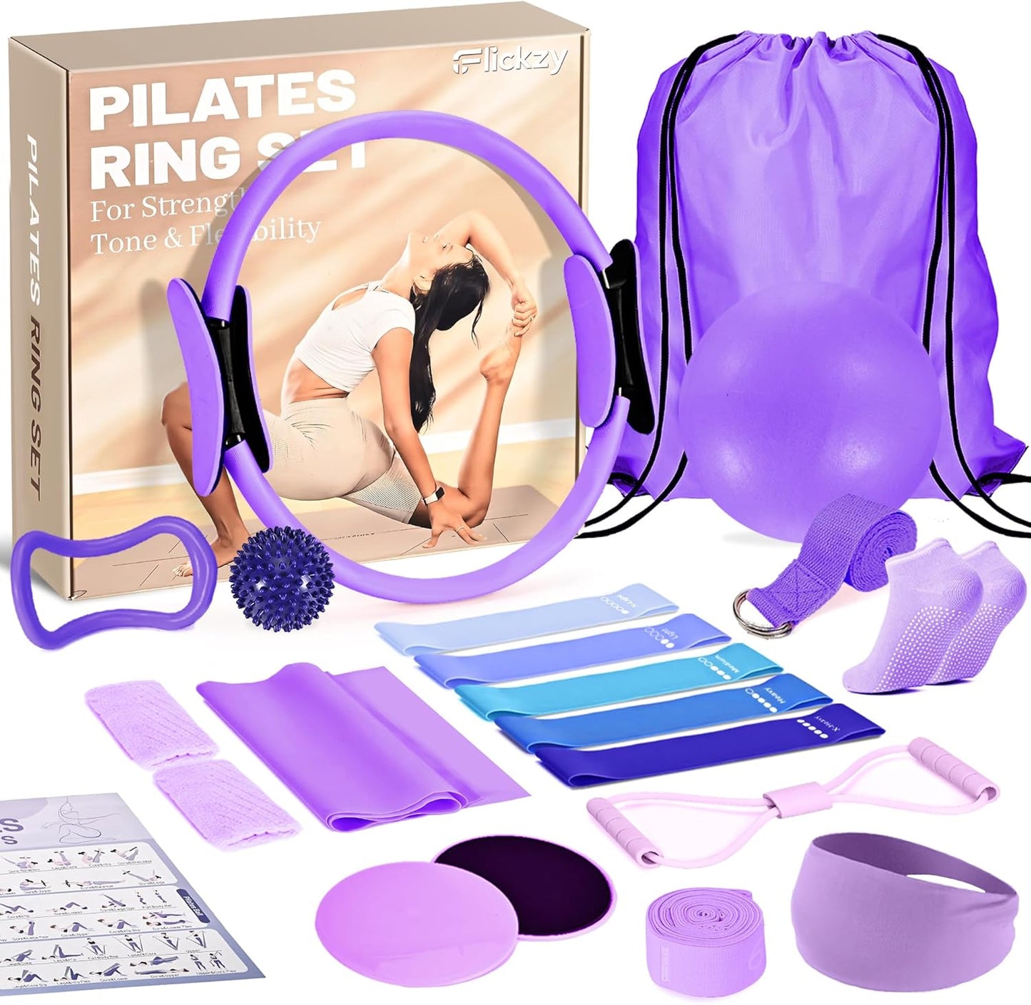 Pilates Ring Set for Women, Pilates Set with Magic Circle,Resistance Bands, Pilates Kit for Home Workout, Pilates Equipment for Strength, Toning and Flexibility(Purple,15pcs)