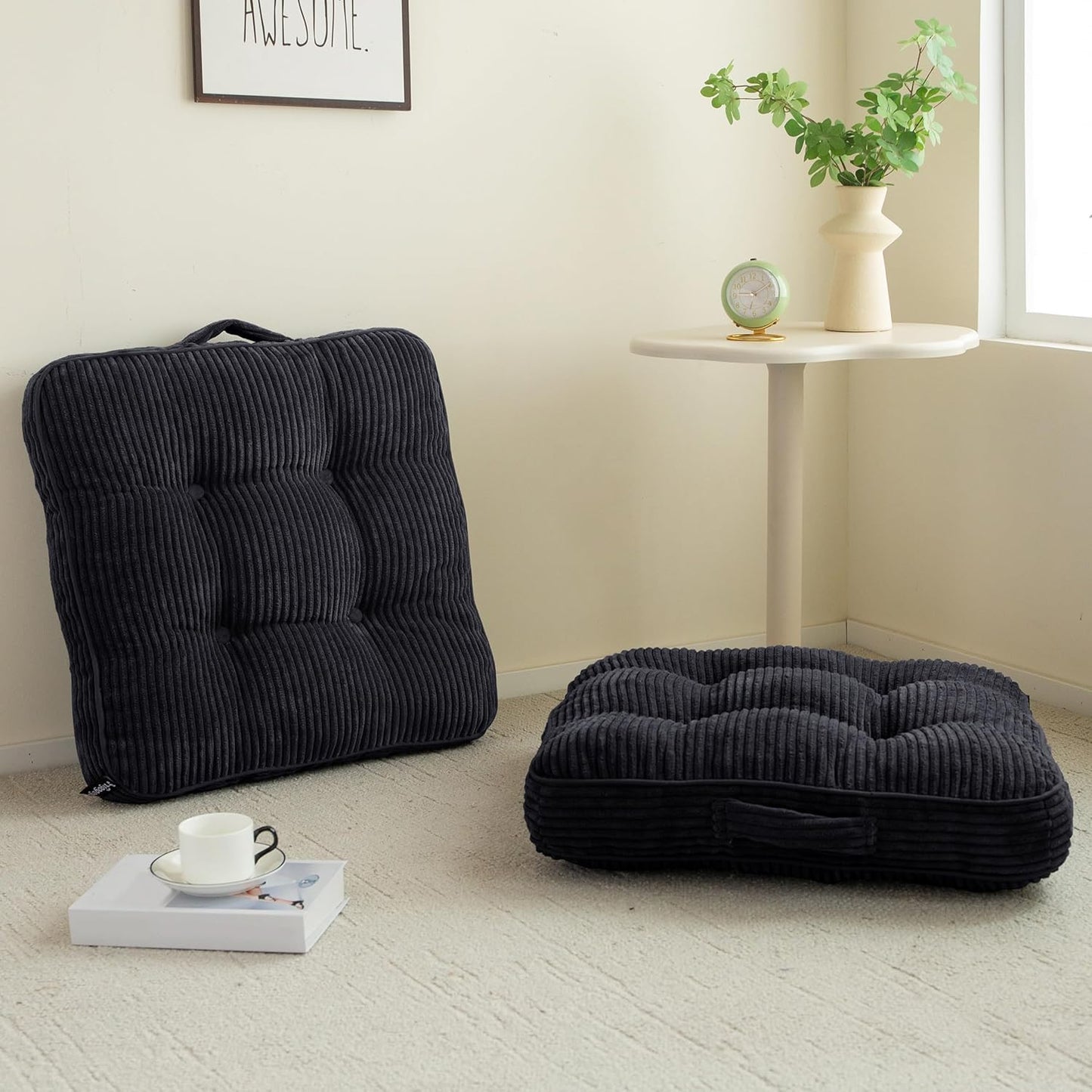 HIGOGOGO Floor Pillow Cushion for Adults, Meditation Cushion Pillow, Large Square Floor Sitting, Tufted Corduroy Cover, for Tatami Living Room or Yoga, 22x22 Inch, Dark Grey