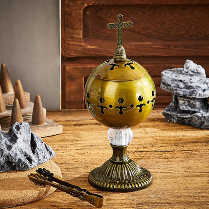 Zonon 1 Set Incense Burner with Tong, Frankincense Charcoal Incense Stand Holder, Ideal for Yoga, Spa, Aromatherapy, Home and Christian Church Censer (Gold,Retro)