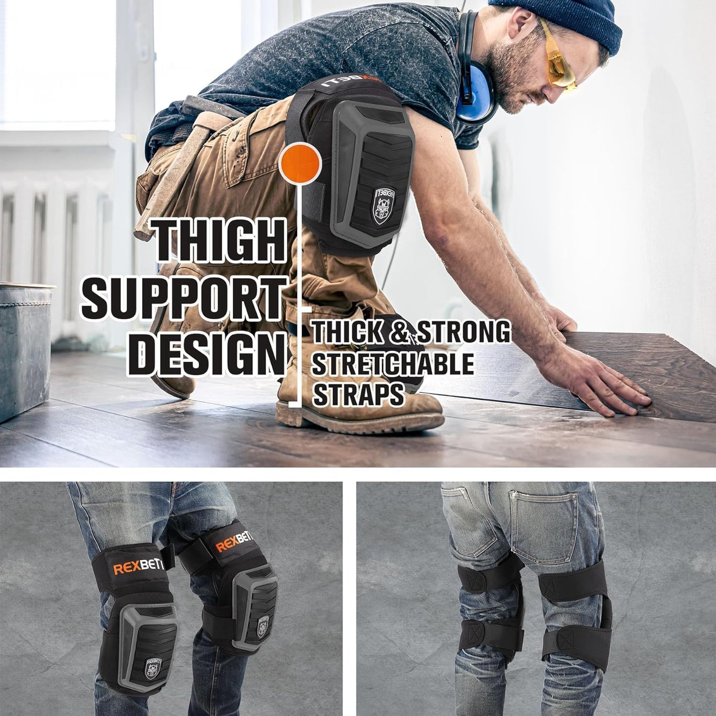 REXBETI Knee Pads for Work, Construction Knee Pads for Men, Heavy Duty Comfortable Anti-slip Foam Gel Knee Pads for Gardening Flooring and Cleaning, Strong Stretchable Straps, Orange