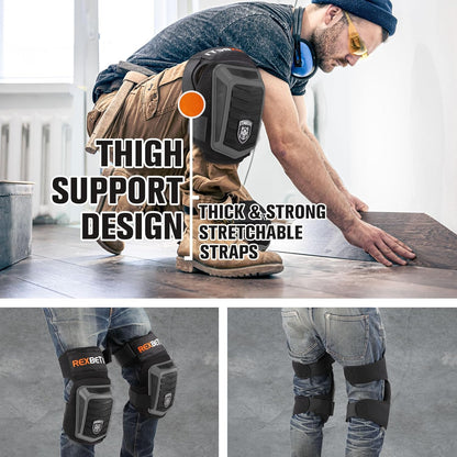 REXBETI Knee Pads for Work, Construction Knee Pads for Men, Heavy Duty Comfortable Anti-slip Foam Gel Knee Pads for Gardening Flooring and Cleaning, Strong Stretchable Straps, Orange