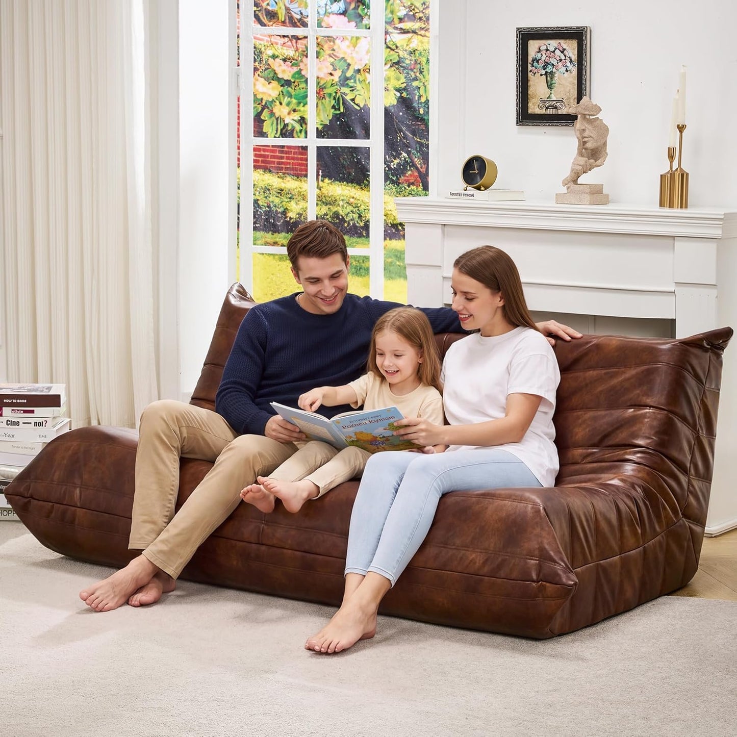 Hobestluk Giant Bean Bag Chair Lazy Floor Sofa, Memory Foam Fireside Sofa for Adults, Big Beanbag Faux Leather Armless Chair for Living Room Bedroom Dorm Office (Brown, Single)